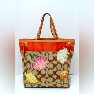 Coach Signature Floral Appliqué Tote in Orange and Tan